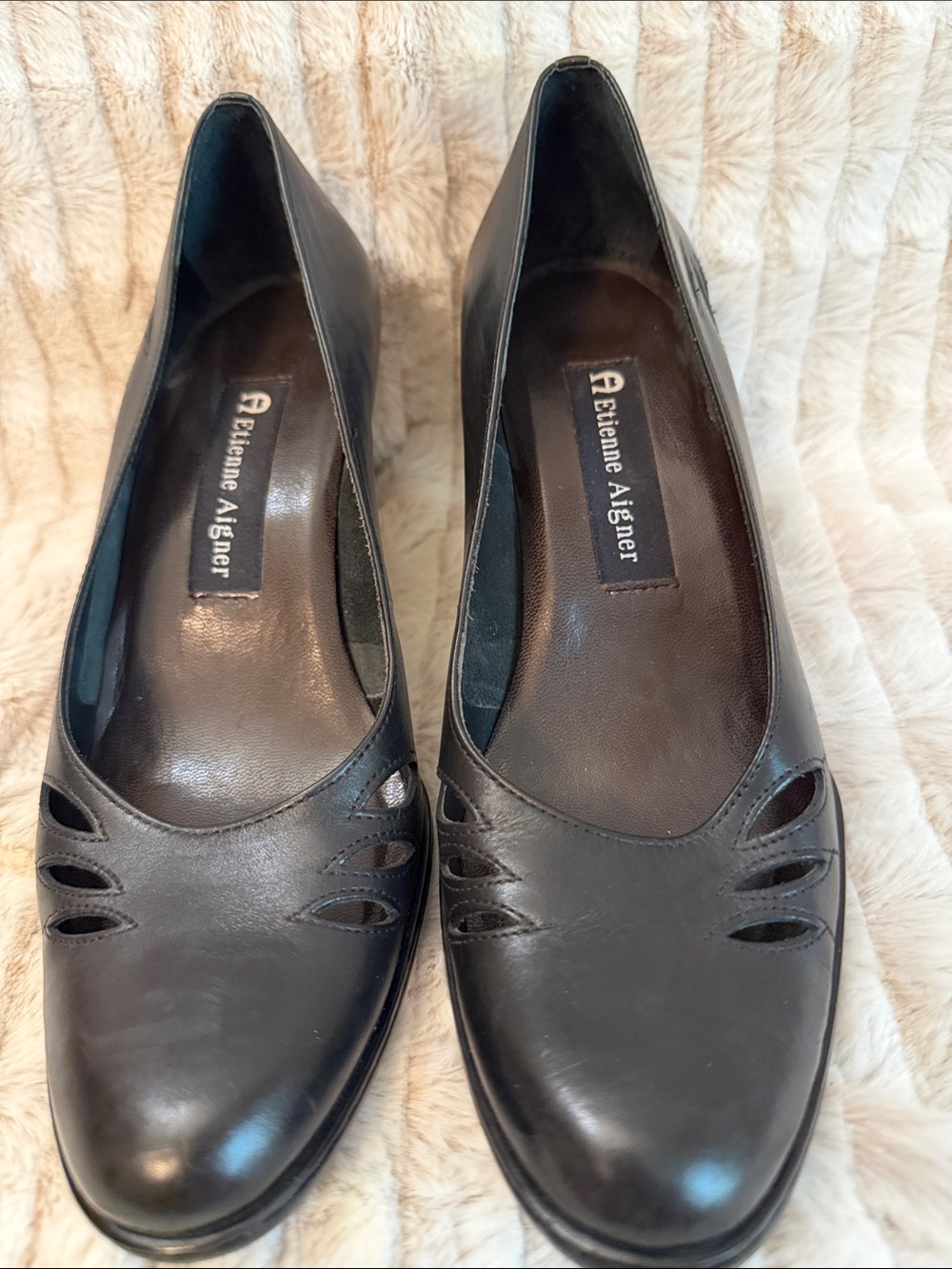 Etienne Aigner Black Leather Flats with Subtle Cutouts